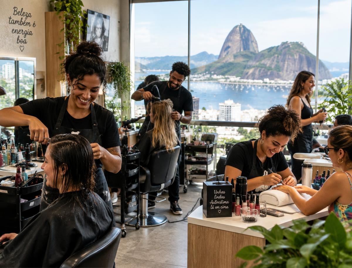 Salão movimentado com o Pão de Açúcar ao fundo
