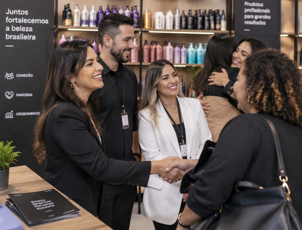 Donos de salões se cumprimentando diante de produtos profissionais