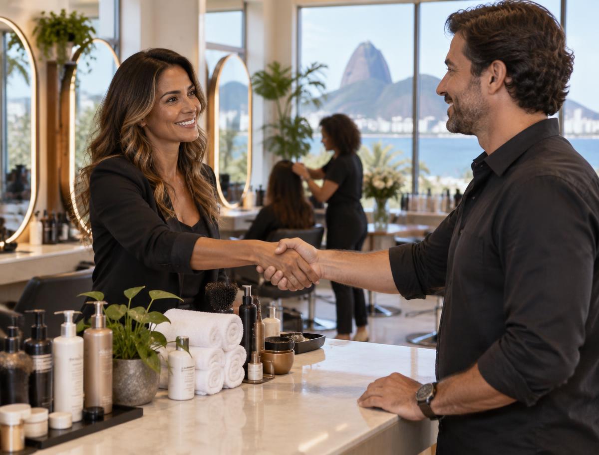 Dois donos de salão apertando as mãos sobre produtos profissionais