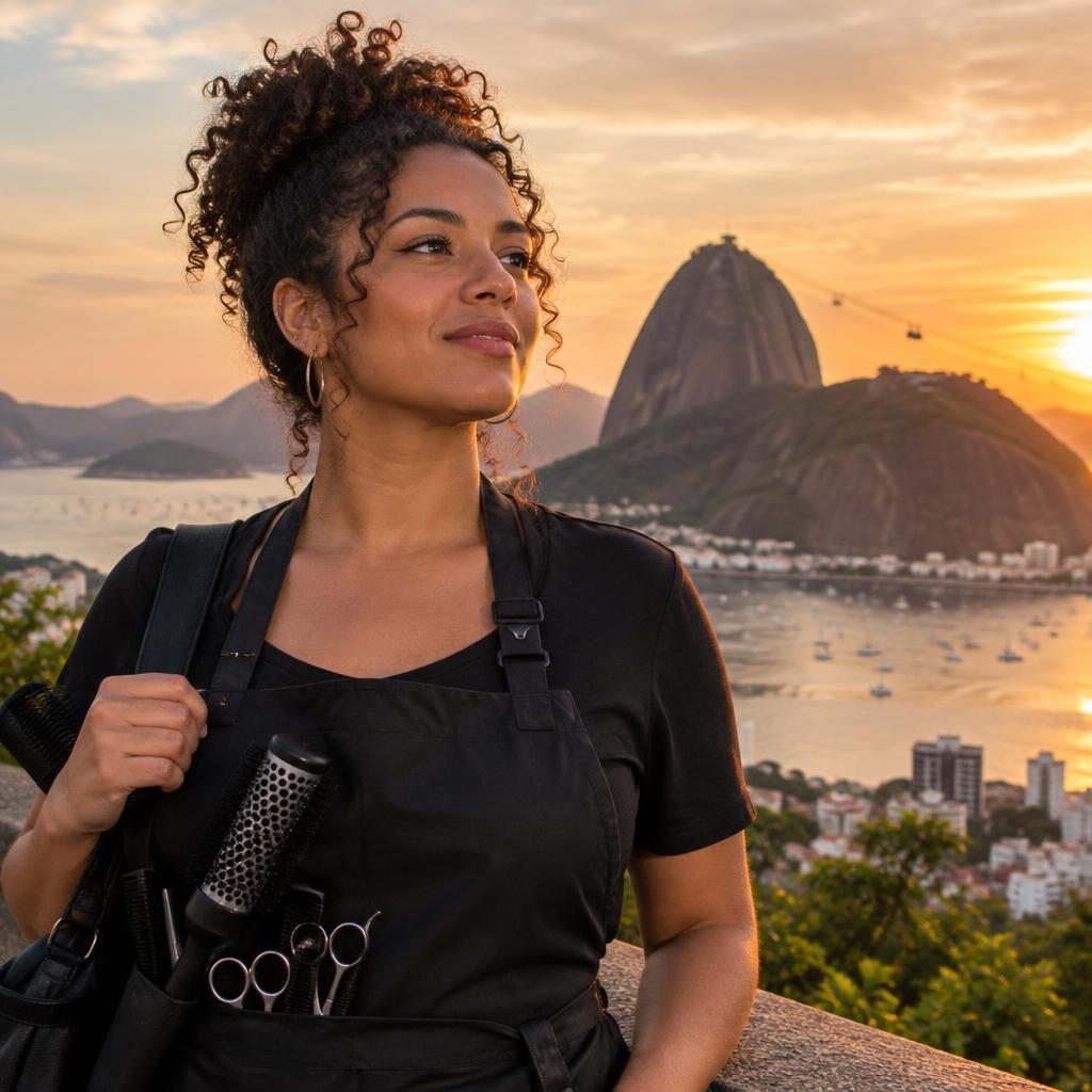 Profissional da beleza confiante com o Pão de Açúcar ao fundo