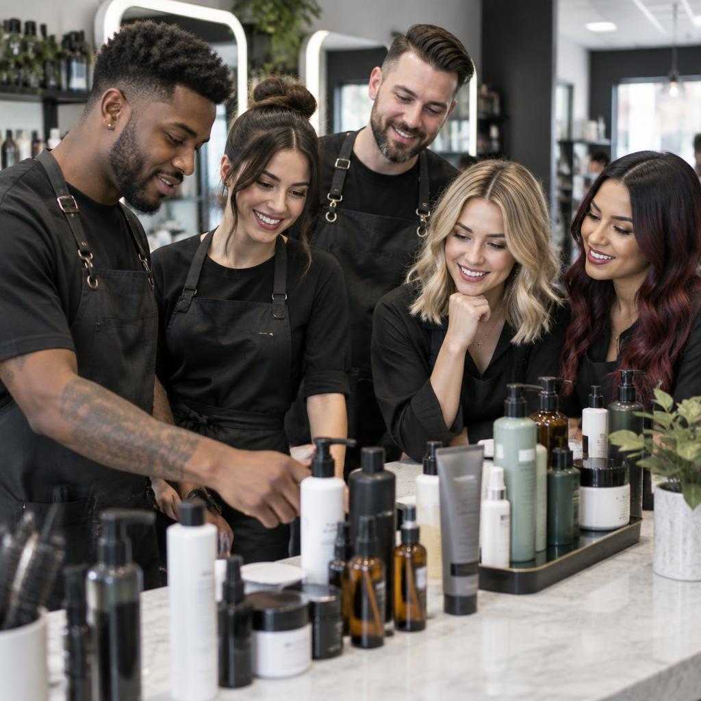 Profissionais da beleza reunidos em volta de produtos profissionais