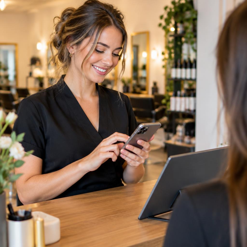 Profissional se cadastrando no site pelo celular na recepção