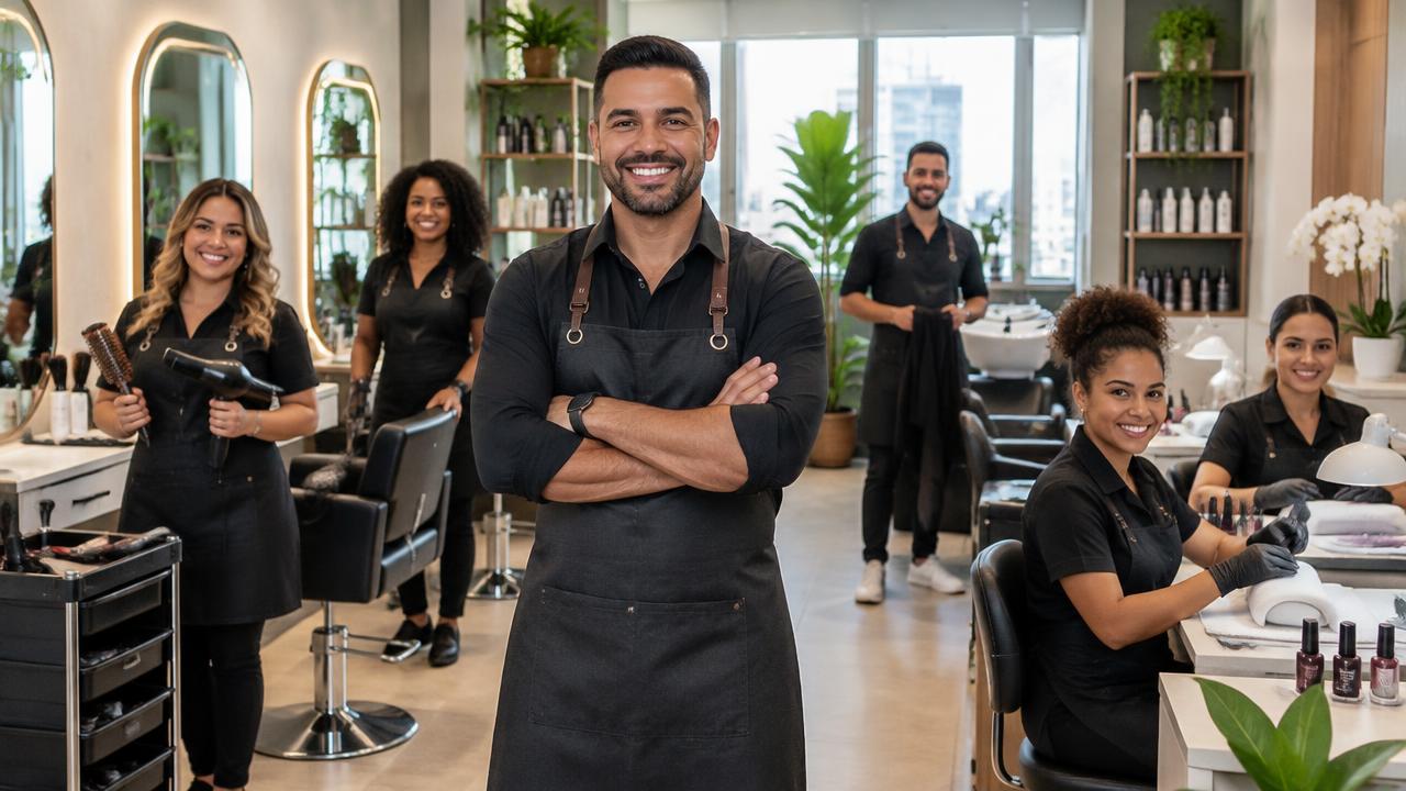 Dono de salão organizando sua equipe no salão de beleza